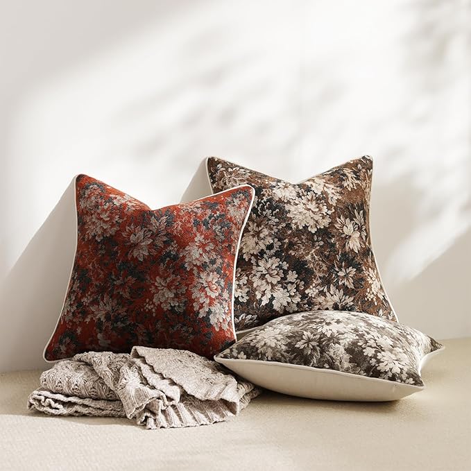 DEZENE Pack of 2 Vintage Floral Throw Pillow Covers 16x16 Boho Farmhouse Accents Chenille Square Decorative Pillow Cases for Living Room Couch Bed Home Decor, Rust