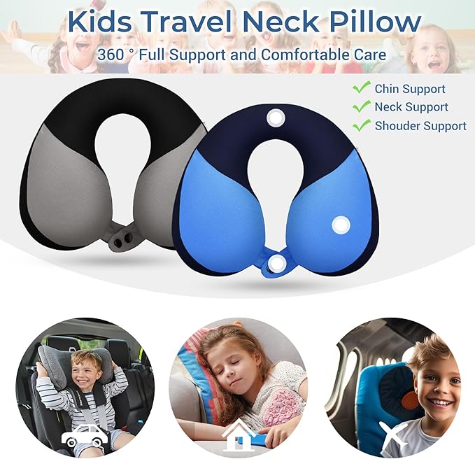 COOLBEBE Kids Travel Neck Pillow, 2PCS Softly Headrest Travel Pillow for Car & Airplane, Traveling Gifts for Toddler & Children (Black & Blue)