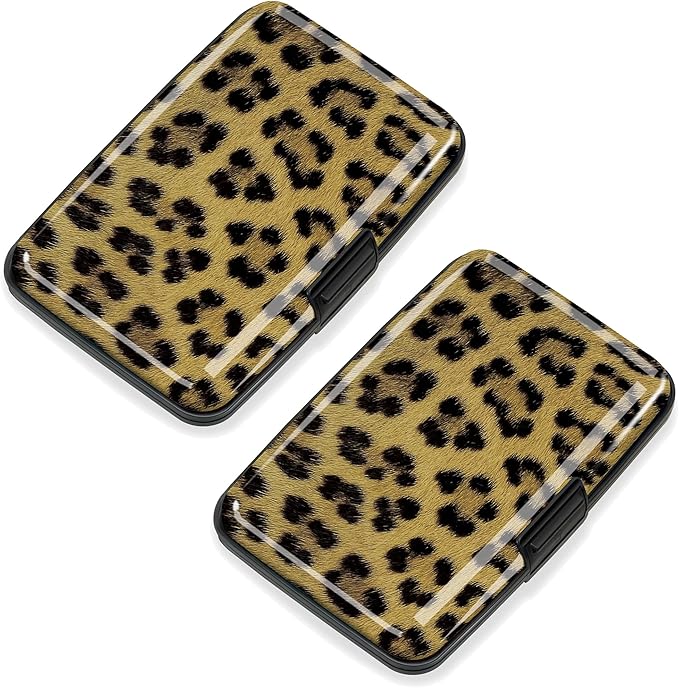 Mayski 2 Pack Credit Card Holder for Women, RFID Blocking, Leopard Aluminum Alloy Hard Case, Small Mini Business Metal Wallet for Men