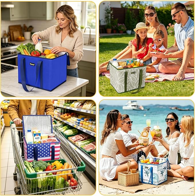BALEINE 3Pk Insulated Reusable Grocery Bags, Foldable Shopping Bags for Groceries with Reinforced Bottom & Handles (Blue)