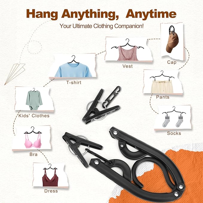 HOUSE DAY 10 Pack Travel Hangers with Clips, Cruise Essentials 2026, Black Foldable Hangers for Pants Skirt, Lightweight Portable Collapsible Clothes Hangers Space Saving Set for Hotel, RV, Dorm