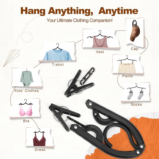 HOUSE DAY 20 Pack Travel Hangers with Clips, Cruise Essentials 2026, Black Foldable Hangers for Pants Skirt, Lightweight Portable Collapsible Clothes Hangers Space Saving Set for Hotel, RV, Dorm
