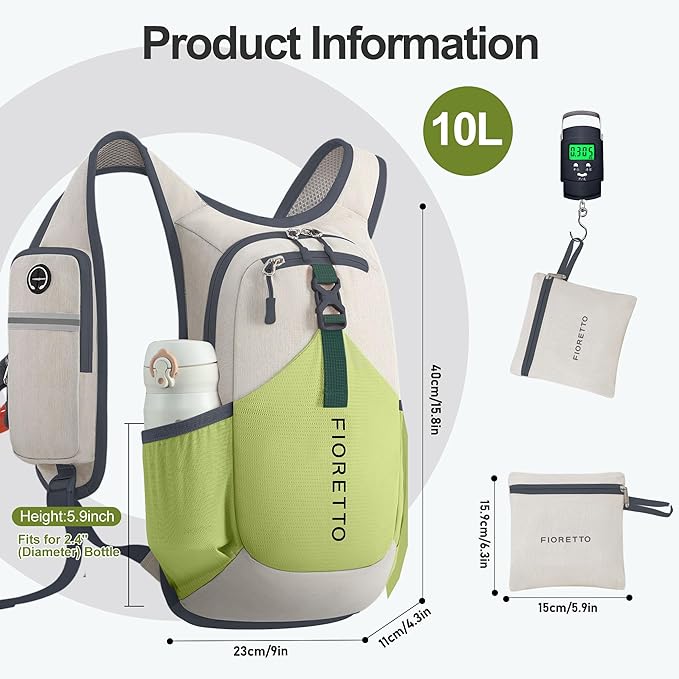 FIORETTO 10L Hiking Backpack for Women Men Mini Packable Backpack Lightweight Small Daypack for Camping Travel Outdoor, Beige and Green