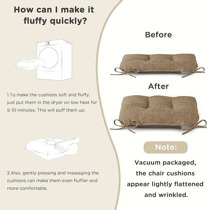 AddGrace Chair Cushions for Dining Chairs Set of 2 Kitchen Seat Cushions with Ties and Non Slip Backing Tufted Indoor Seat Pad for Kitchen Dining Room 18" x 17" x 3" Light Brown