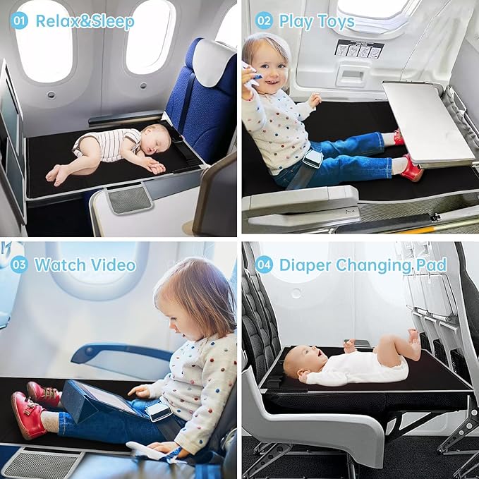 FOTN Toddler Airplane Bed, Kids Plane Seat Extender Travel Bed, Airplane Travel Essentials Kid, Airplane Must Have for Toddlers, Portable Plane Bed Footrest for Flights (Black)