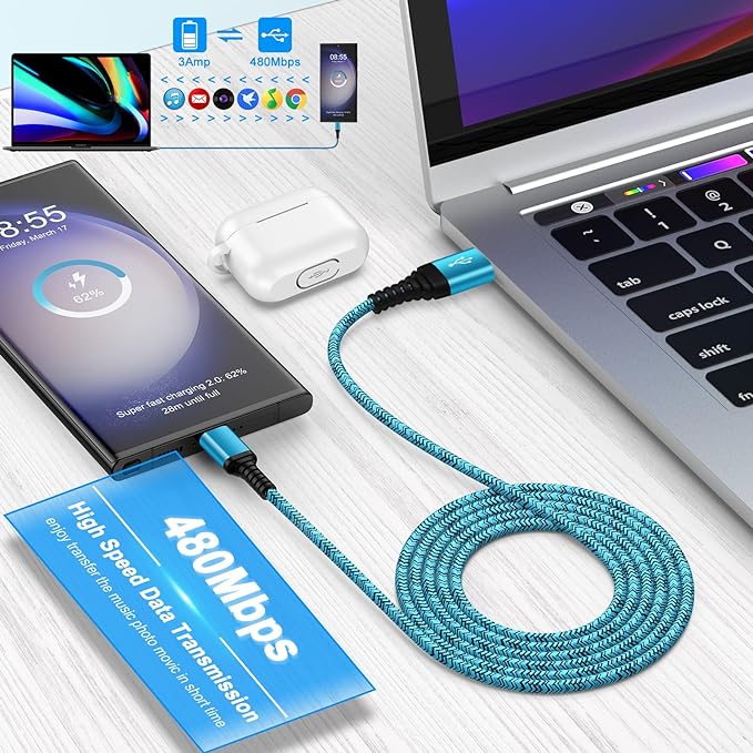 USB C Charger Cable Fast Charging 3 Pack 6ft for iPhone 17 16 15 Pro Max/15 Plus/15 Pro/15, 3.1A Braided Car Cord USB A to USB C Android Phone Power Cord for Samsung Galaxy S24 A54 A14 S23 Ultra S22