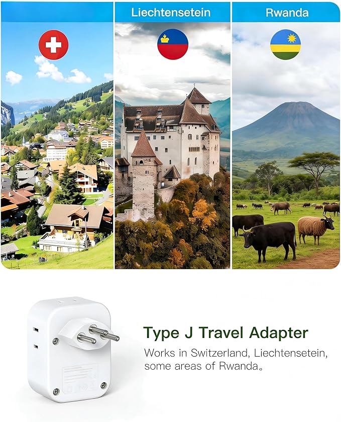 Switzerland Travel Plug Adapter 2 Pack, HANYCONY Type J Switzerland Power Adapter with 4 Outlets 4 USB (2 USB-C), Swiss Plug for US to Switzerland Rwanda Jordan Liechtenstein Madagascar