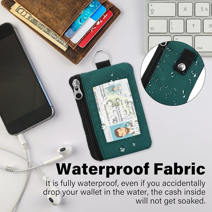 Minimalist Small Wallet for Men Women with 2 Zip Pockets, Multi Functional ID Case with Keychain and Card Holder, Coin Purse Badge Lanyard Pouch for Boys Girls Travel - Peacock Blue&Pink