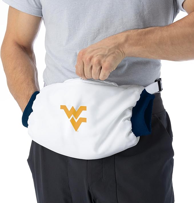 Northwest NCAA West Virginia Mountaineers Hand Warmer with Adjustable Waist Strap, Officially Licensed Cold Weather Hand Muff for College Sports, Outdoor Sports, Insulated Pocket, Polyester, 7 x 15 in