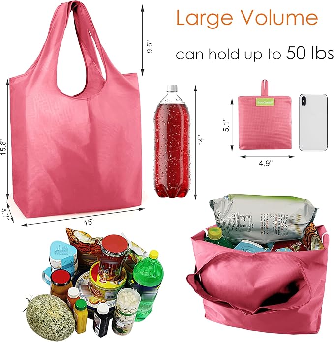 BeeGreen Pink Reusable Grocery Bags Wholesale Reusable Kitchen Bags Bulk Foldable-Machine Washable with Zipper Storage Pouch 50 Packs