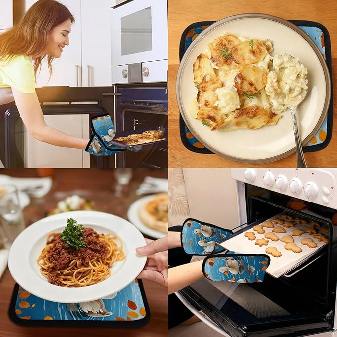 Swimming Cartoon Duck Pot Holders with Pockets 2 PCS, Heat Resistant Oven Mitts Hot Pads for Kitchen Baking Cooking, Square Thick Pot Holders Kitchen Hot Potholders, 8.5x10 Inches