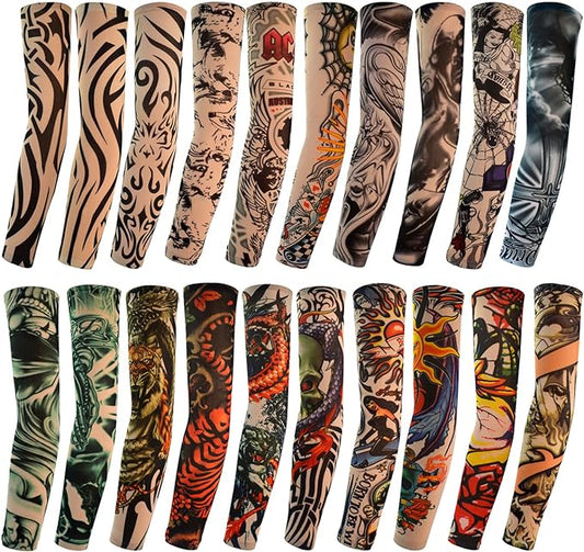 HOVEOX 20pcs Temporary Tattoo Arm Sleeves Arts Fake Slip on Arm Sunscreen Sleeves Body Art Stockings Protector -Designs Tribal, Tiger, Dragon, Skull, and Etc Unisex Stretchable Cosplay Accessories
