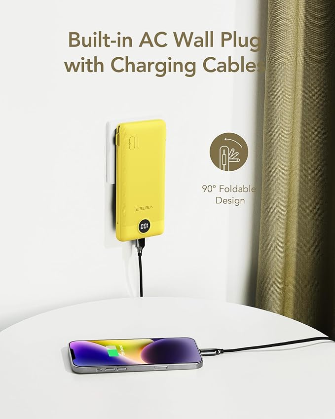 VEGER Portable Charger Power Bank with Built-in AC Plug and Cables, All in One 10000mAh Ultra Slim Travel Essentials, Fast Charging Battery Pack Compatible with iPhone, Samsung, Android, Yellow