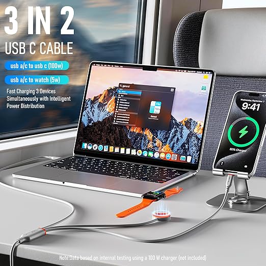 Travel Essentials 3 in 2 Multi Charging Cable 100W USB A/C to Dual USB C/for Apple Watch Charging Cable Silicone Fast Charge Compatible with iPhone 17-15 Series iPad MacBook, Type-C Devices 5FT-Grey