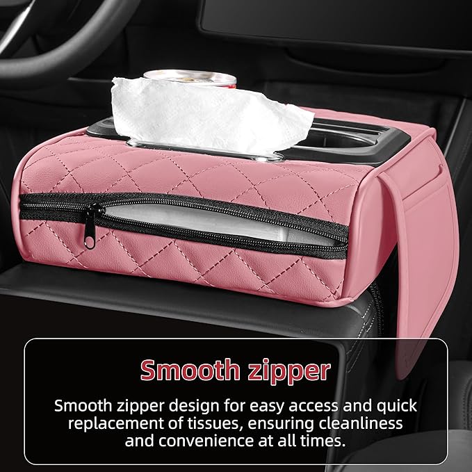 5 in 1 Car Center Console Cover, Armrest Pad with 2 Storage Pockets, Cup Holder, Tissue Slot, Phone Holder, Nappa Leather Memory Foam Car Accessories for SUV Sedan Truck (Pink)