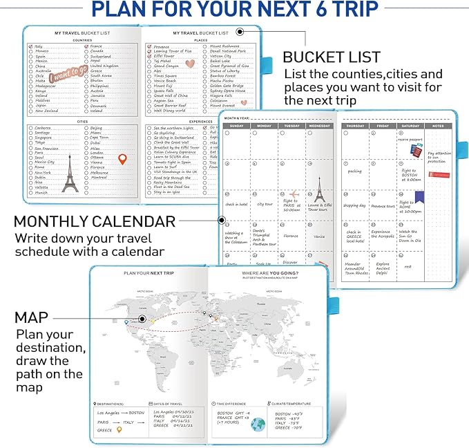 JUBTIC Travel Journal, Vacation Planner with Budget Tracker and Checklist, A5 Size Trip Planner, Diary Notebook for 6 Trips, Travel Gifts Accessories for Women, Men & Couples (Aquamarine)