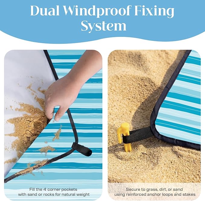 OIGAE Oversized Beach Blanket, 9×10 ft Sand-Free Outdoor Mat for Groups, Quick-Dry Picnic Blanket with Stakes & Corner Pockets, Blue Wave Stripes