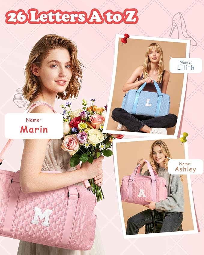 Elilier Initial Travel Duffle Bag Women Girls Gift: Personalized Weekender bags, Dance Cheer bag Sports for Girl, Kid Gymnastics Bags, Birthday Gifts for Women Girls Kids Teens Mom Teacher