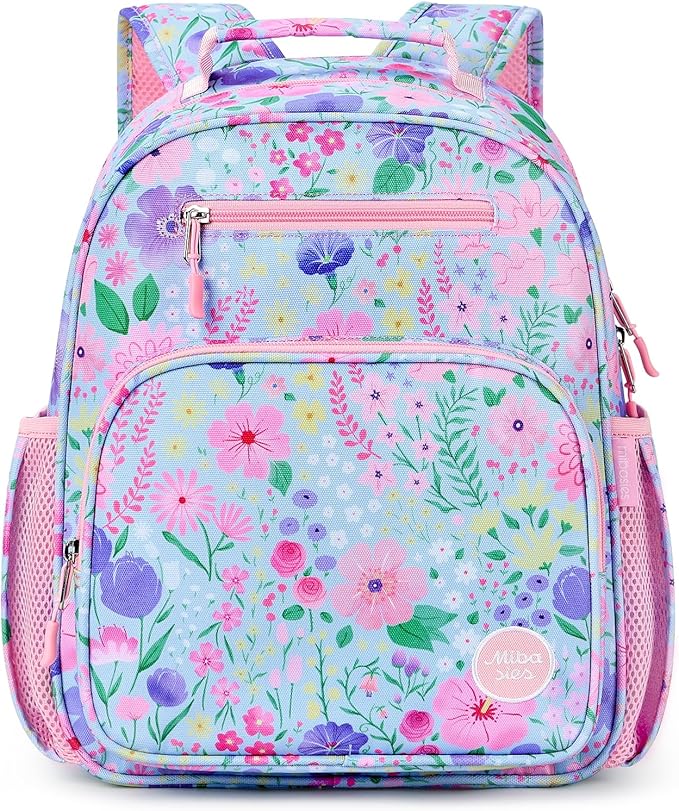mibasies Kids Backpack for Girls: Girls Backpack 5-8 - Kindergarten Elementary School Bookbag for Girl - Flower Light Blue