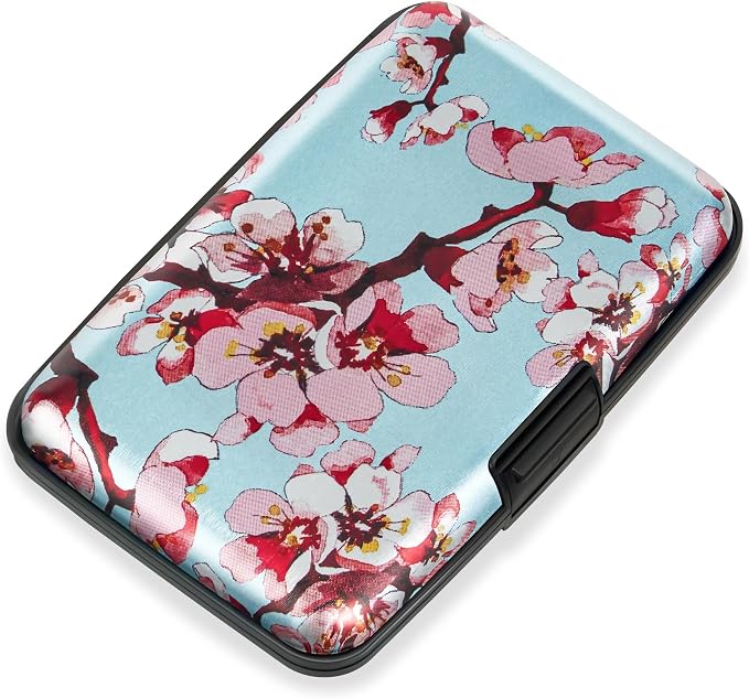 Mayski Credit Card Holder, RFID Blocking, Aluminum Alloy Hard Case, Small Mini Business Metal Wallet for Women Men, Peach Blossom