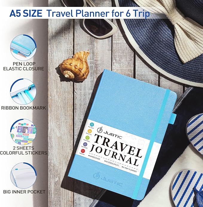 JUBTIC Travel Journal, Vacation Planner with Budget Tracker and Checklist, A5 Size Trip Planner, Diary Notebook for 6 Trips, Travel Gifts Accessories for Women, Men & Couples (Aquamarine)