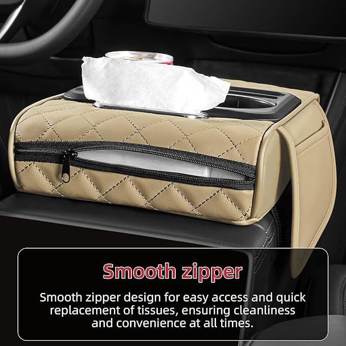 5 in 1 Car Center Console Cover, Armrest Pad with 2 Storage Pockets, Cup Holder, Tissue Slot, Phone Holder, Nappa Leather Memory Foam Car Accessories for SUV Sedan Truck (Beige)