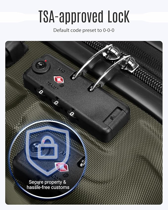 LIGHT FLIGHT Luggage Sets, 3 Piece Durable Suitcase Set with Spinner Wheels, 3 Pcs Hardside Lightweight luggage with TSA Lock, Large Checked Travel Suitcases, 20/24/28 Inch, Pine Green
