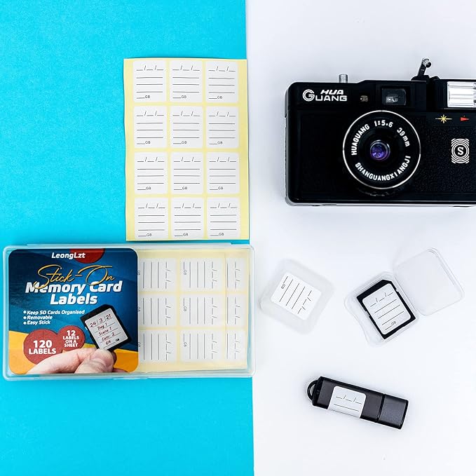 (120 Count) SD Card Label Stickers/Flash Drive Labels with 6 Free SD Card Cases & a Storage Box - Stick-On, Removable