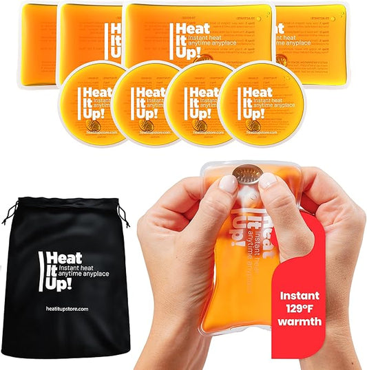 Reusable Hand Warmers – Heat It Up 8 Instant Reusable Heat Packs for Hot Compress & Pain Relief – Pocket Size Reusable Heat Pack Set with Fabric Bag for Travel