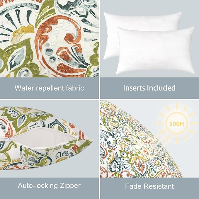 LVTXIII Outdoor/Indoor Lumbar Pillows, Decorative Patio Lumbar Cushions, Fluffy Water Repellent Garden Cushions for Home Patio Coach Sofa Use, 12×20 Inch, Pack of 2, Paisley Botanical
