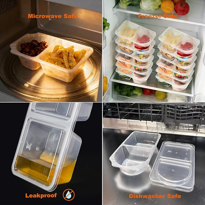 20 Pack 10 OZ Reusable Snack Containers with Lids,Disposable 2-Compartment Snack Pack Containers,Meal Prep Containers for Adults,Sauce Food Container Portion Control Containers for Travel Picnic Work