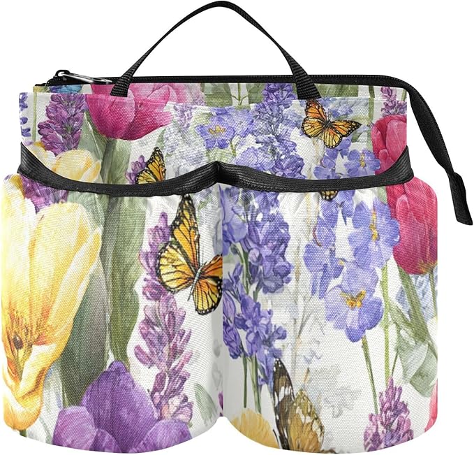Luggage Cup Holder for Suitcases Free Hands Suitcase Cup Holder Travel Luggage Drink Holder Portable Luggage Cup Caddy Bag Carrier with Handle Tulips Lavenders Purple Butterfly