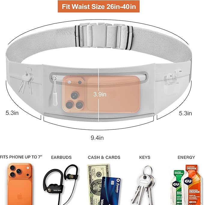 Slim Running Belt for Men Women - No-Bounce Phone Holder Waist Pack, Runners Fanny Pack with Sweat-Proof Pocket ，Travel Money Pouch for Gym/Hiking/Cycling (Light Gary)