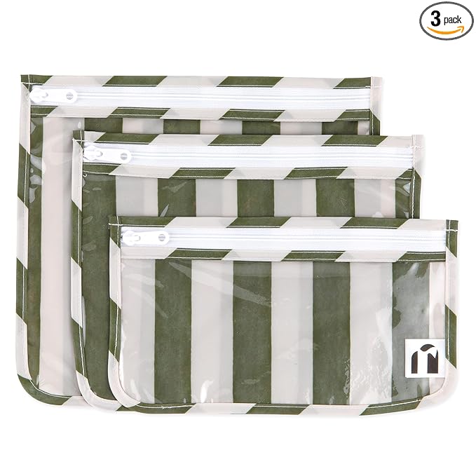 Bumkins Roamio Travel Bag, Toiletry, TSA Approved Pouch, Zip Quart Size Airline Compliant, Clear-Sided, Baby, Diaper Organization, Makeup, Accessories, Carry On Packing, Set of 3 Sizes, Green Stripe