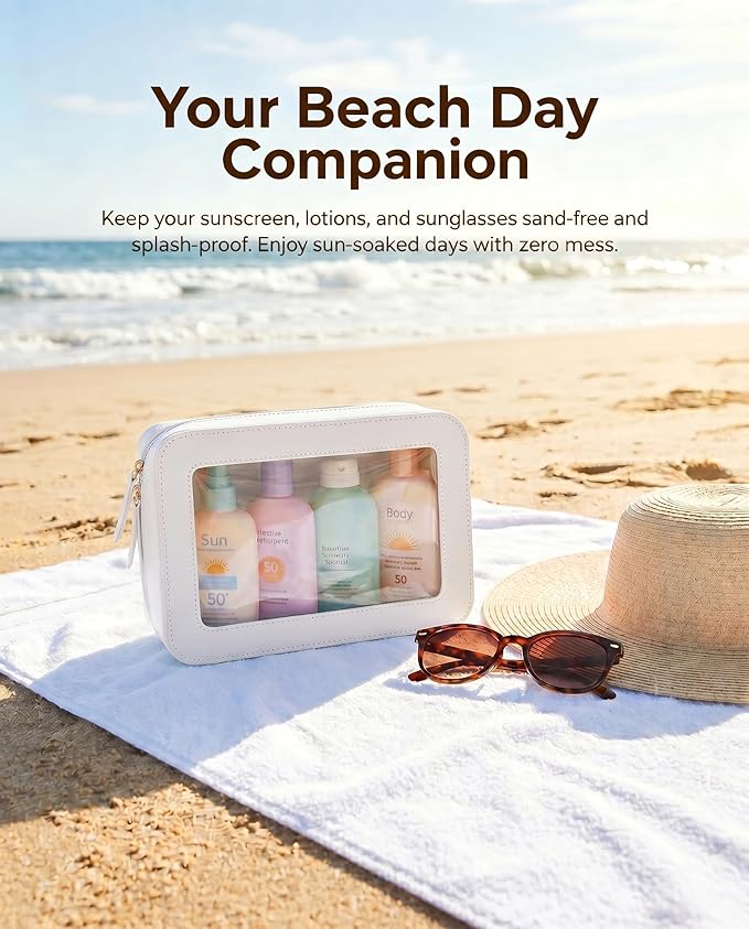 LETGO Clear Toiletry Bag,Portable Travel Makeup Pouch with Zipper, TSA Approved Organizer Sunscreen Bag Clear Makeup Toiletry Pouch Beach Vacation Essentials for Women Teen Girls (White)
