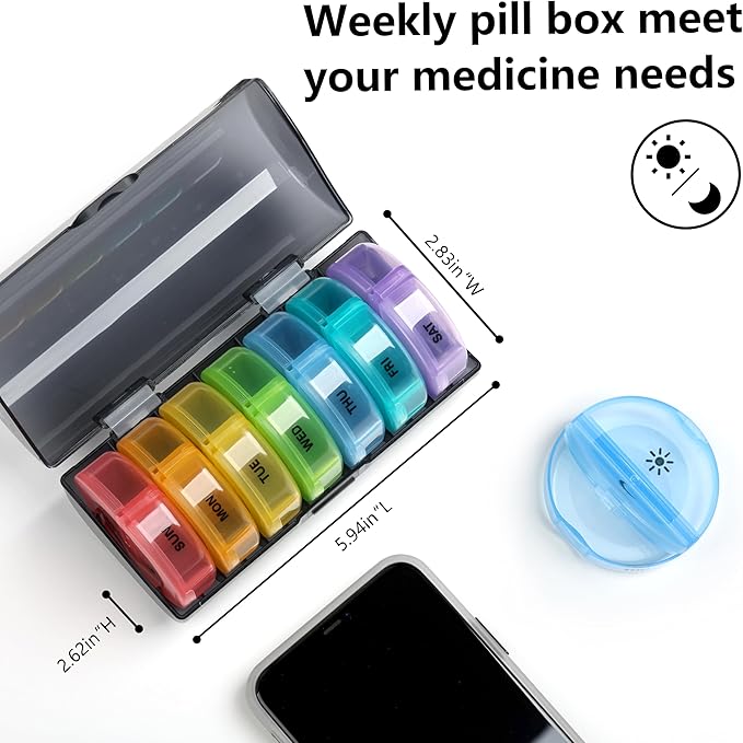 Sukuos Large Weekly Pill Organizer 2 Times a Day, Daily Pill Box 7 Day Easy to Open with Double Protection, AM PM Pill Case for Medicine/Vitamin/Fish Oil/Supplements (Green)