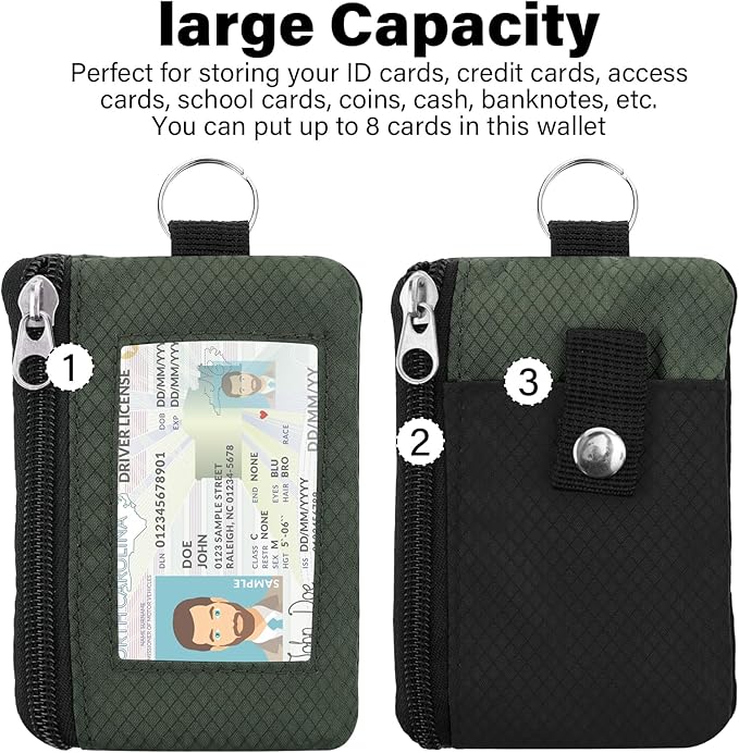 Minimalist RFID Wallet with Lanyard, Multi-Functional ID Case with 2 Zipper Pockets and Key Chain for Men and Women, Tactical Badge Pouch Cards Holder, Coin Purse for Travel Sports - Black&Army