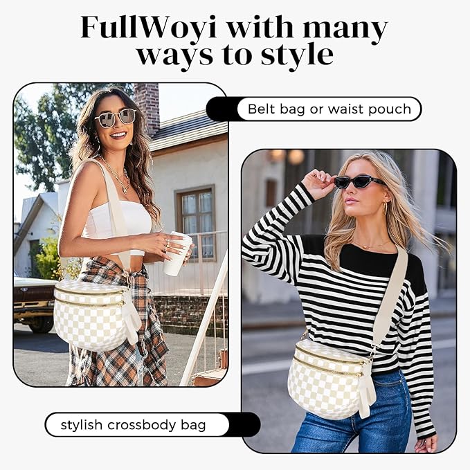 Spacious Nylon Checkered Crossbody Bum Bag for Women, Fashion Checkerboard Fanny Pack Purse with Anti-theft Pocket, Adjustable Wider Strap Wasit Bag (Beige)