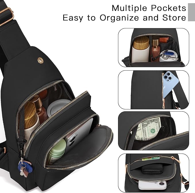 Small RFID Waterproof Travel Crossbody Sling Bags for Women Men, Black Hands Free Lightweight Sling Backpack Chest Bag Daypack for Outdoors Hiking Traveling Fitness Daily Commuting Shopping