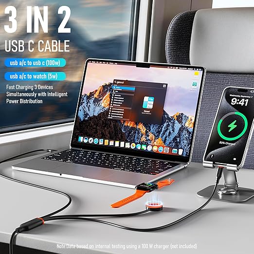 Travel Essentials 3 in 2 Multi Charging Cable 100W USB A/C to Dual USB C/for Apple Watch Charging Cable Silicone Fast Charge Compatible with iPhone 17-15 Series iPad MacBook, Type-C Devices 5FT-Black