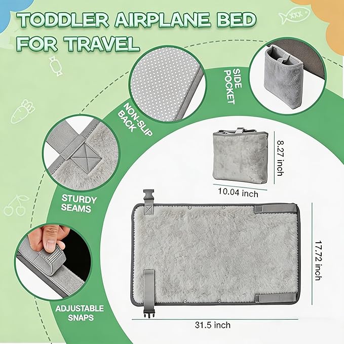 Grey Toddler Airplane Bed with Beige hat, Portable Airplane Seat Extender Travel Bed for Kids, Soft Baby Plane Travel Essentials for Flying, Toddlers Long Flight Must Haves Footrest