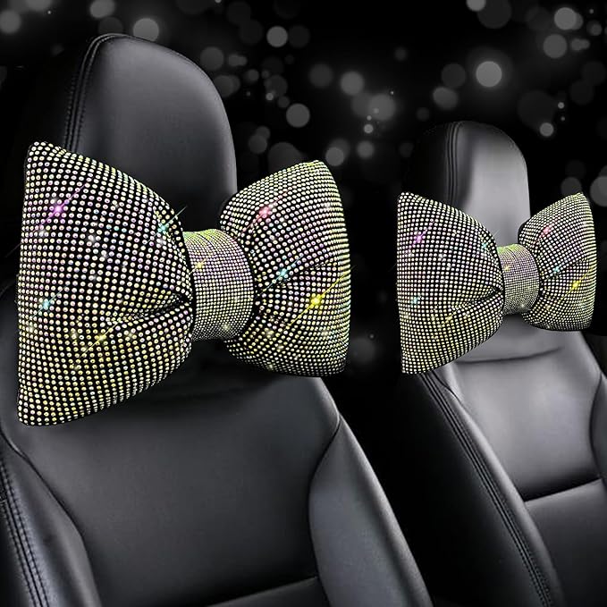 4 PCS Bling Car Pillows,Rhinestones Bowknot Car Headrest Pillow,Car Neck Pillow for Driver Relax Necksupport,Sleeping Travel Support Neck Pillow,Shiny Diamond Interior Accessories for Women,colorful
