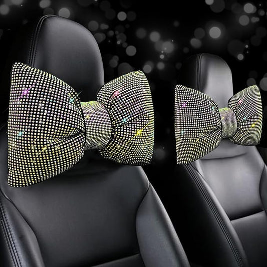 4 PCS Bling Car Pillows,Rhinestones Bowknot Car Headrest Pillow,Car Neck Pillow for Driver Relax Necksupport,Sleeping Travel Support Neck Pillow,Shiny Diamond Interior Accessories for Women,colorful