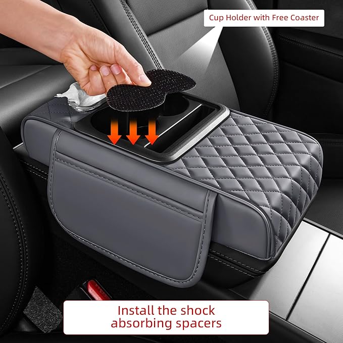 5 in 1 Car Center Console Cover, Armrest Pad with 2 Storage Pockets, Cup Holder, Tissue Slot, Phone Holder, Nappa Leather Memory Foam Car Accessories for SUV Sedan Truck (Gray)
