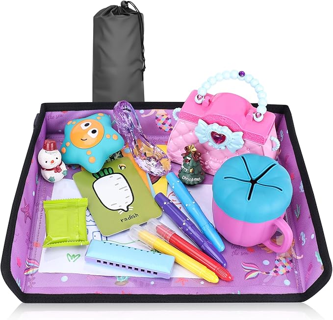 Kids Tray Table Cover, Airplane Tray Cover with Pockets, Airplane Travel Essentials for Kids, Portable Airplane Must Haves for Toddler on Plane or Train and Flying Supplies (Purple)