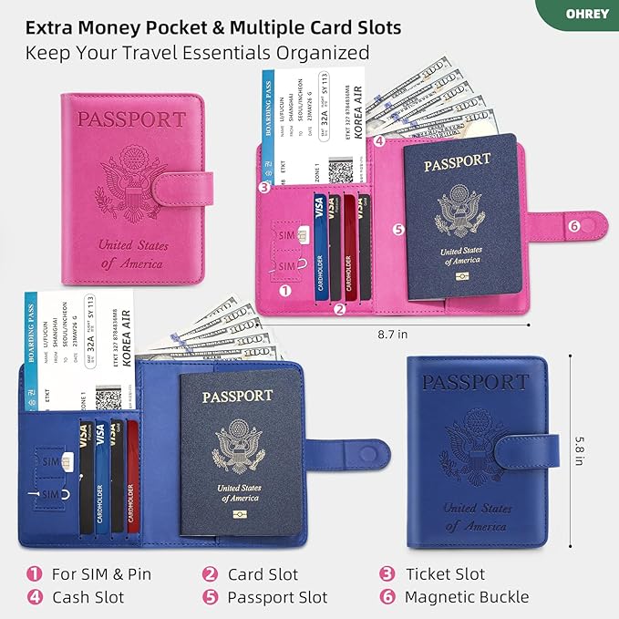 2 Pack Passport Holder for Travel with Luggage Tag Cover – RFID Blocking Passport Wallet Holder for Women & Men | PU Leather Passport Case with Money Pocket & Magnetic Clasp, Blue & Pink