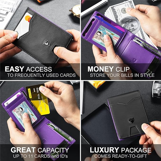 GSOIAX Slim Wallet for Men Rfid Blocking Leather Bifold Front Pocket Carbon Fiber Men's Money Clips Credit Card Holder With Gift Box