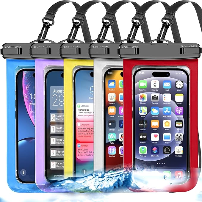 Famoby 5 Pack Multicolor Waterproof Phone Pouch, Cell Phone Case Dry Bag,Protection Level: IP68,Beach Cruise for iPhone,Samsung,and More,Lanyard Included,(Fits Up to 8.3"),White,Blue,Red,Purple,Yellow