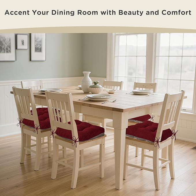 AddGrace Chair Cushions for Dining Chairs Set of 4 Kitchen Seat Cushions with Ties and Non Slip Backing Tufted Indoor Seat Pad for Kitchen Dining Room 18" x 17" x 3" Burgundy