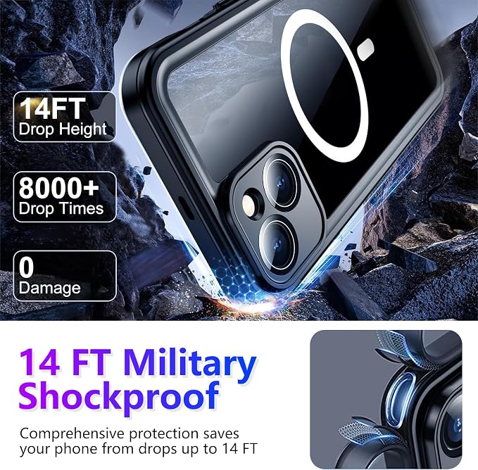 Compatible with iPhone 14 Case Waterproof, Built-in Screen & Camera Protector IP68 Underwater Full Body 14FT Military Dropproof Shockproof Phone Case 6.1"-Black/Clear-Mag